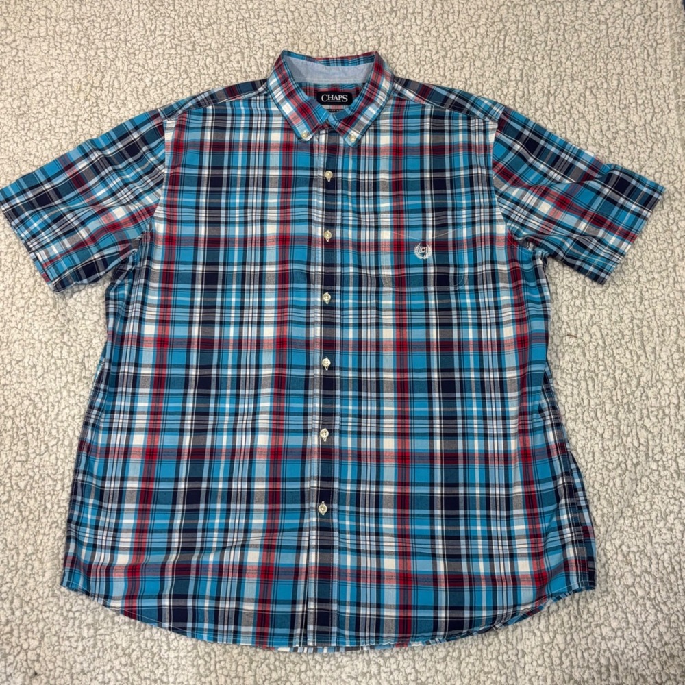 Chaps Mens XL Blue Red Plaid Short Sleeve Button Down Shirt Easy Care Cotton Bld